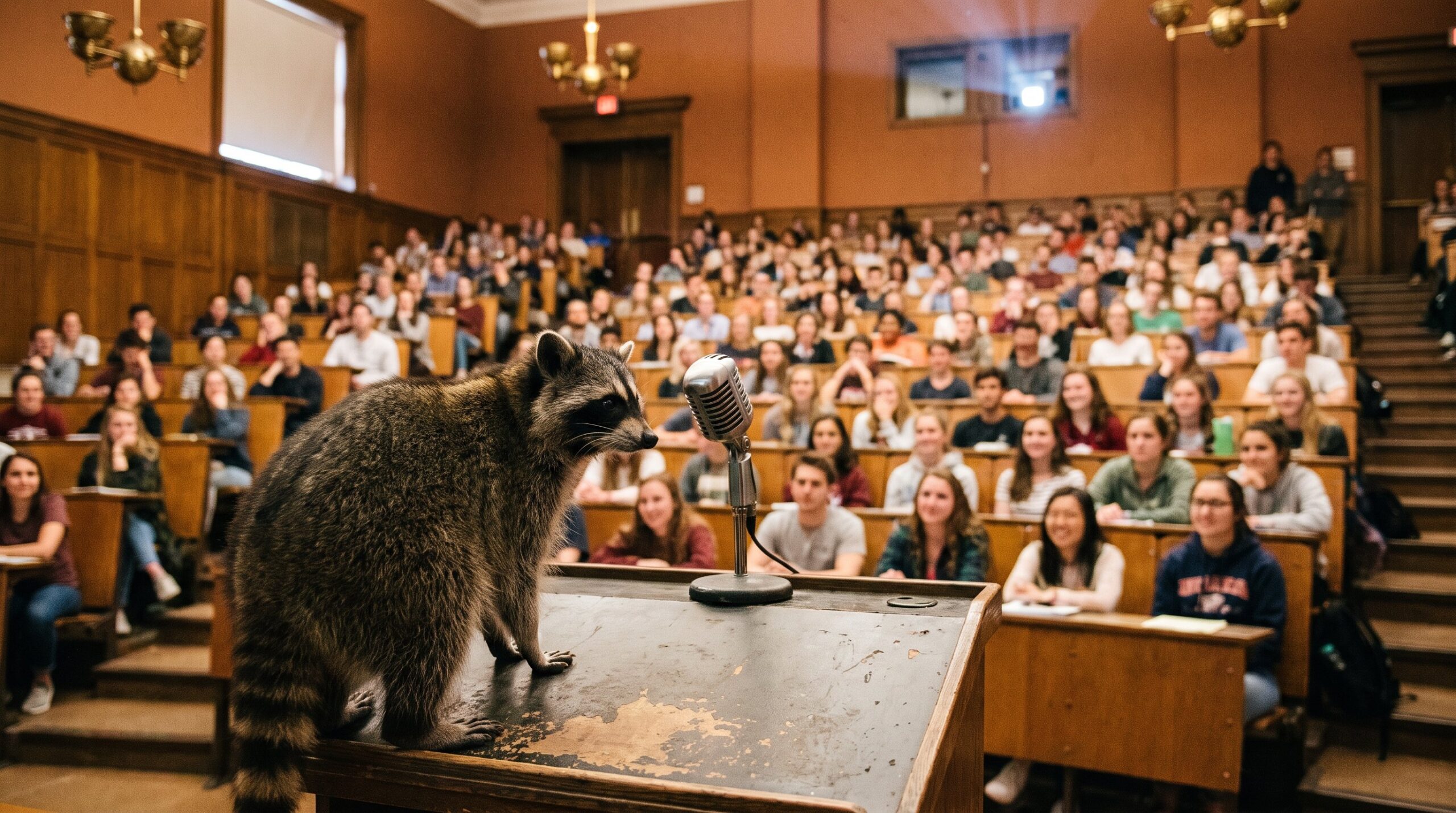 Waschbär am Mikrofon in einem großen Hörsaal mit Studierenden