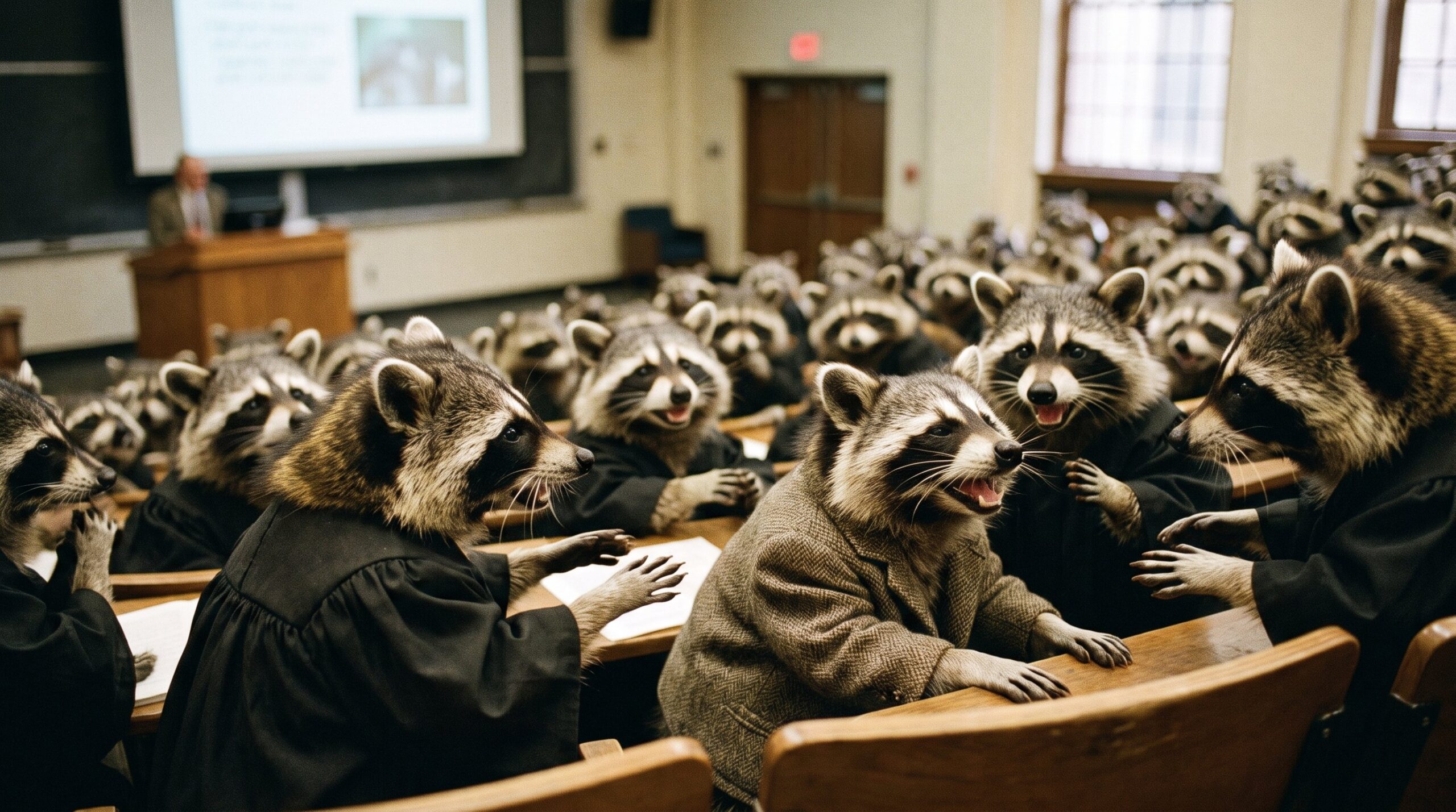 Waschbär-Studierende in einem vollen Hörsaal lachen