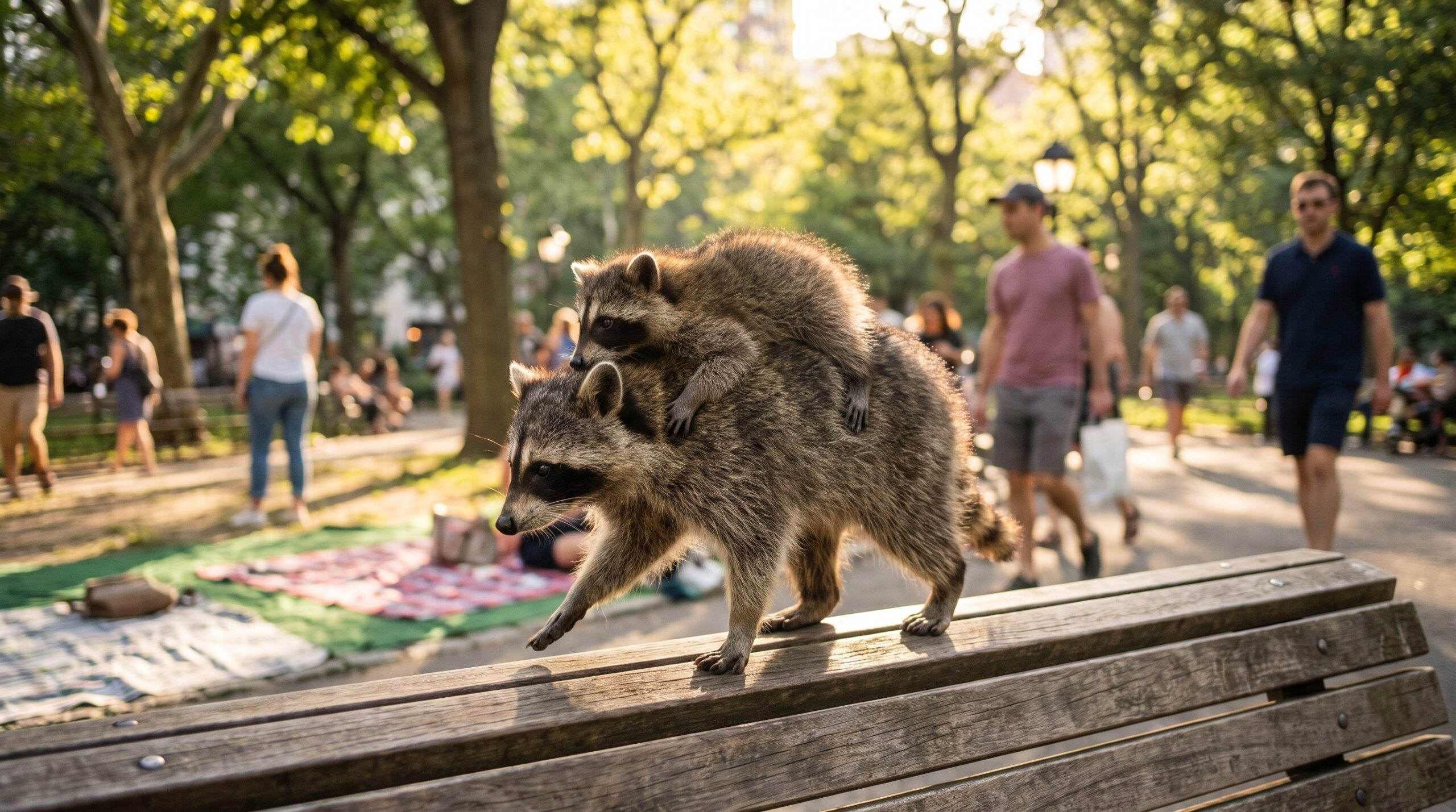 Großer Waschbär mit kleinem Waschbär auf den Schultern im Park