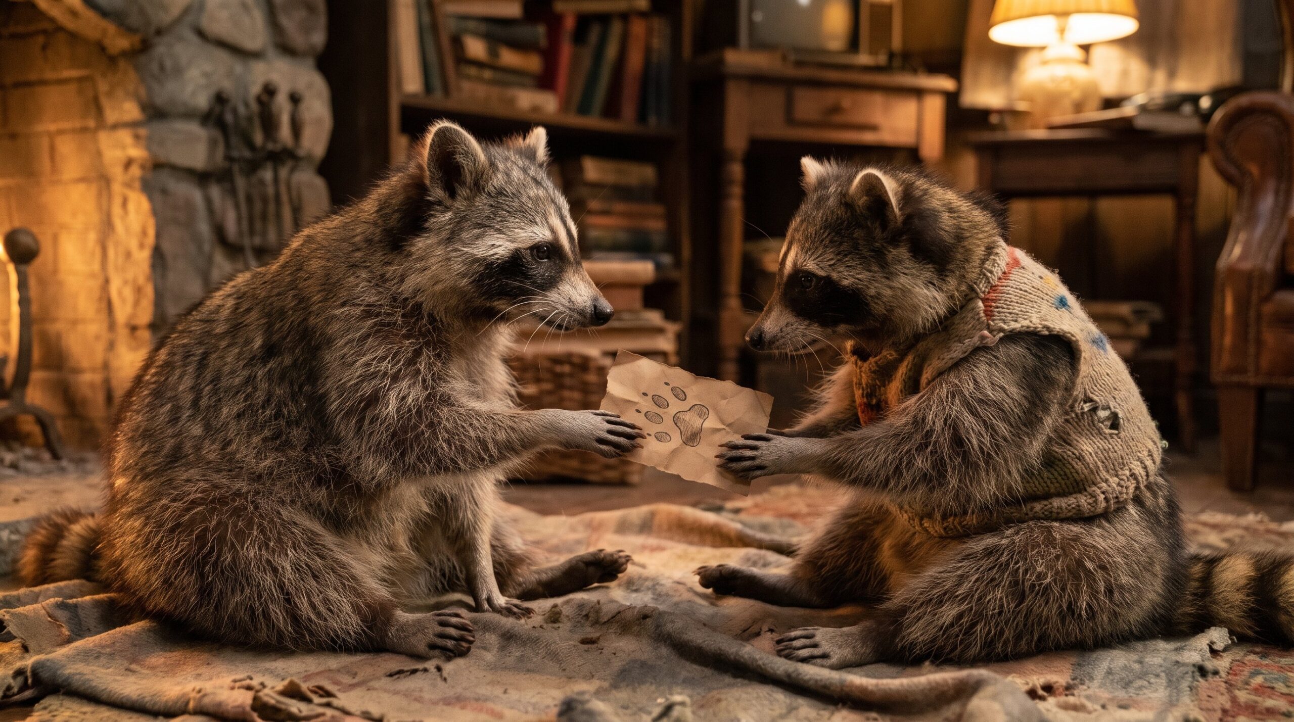 Waschbär überreicht einem älteren Waschbär eine selbstgemachte Karte