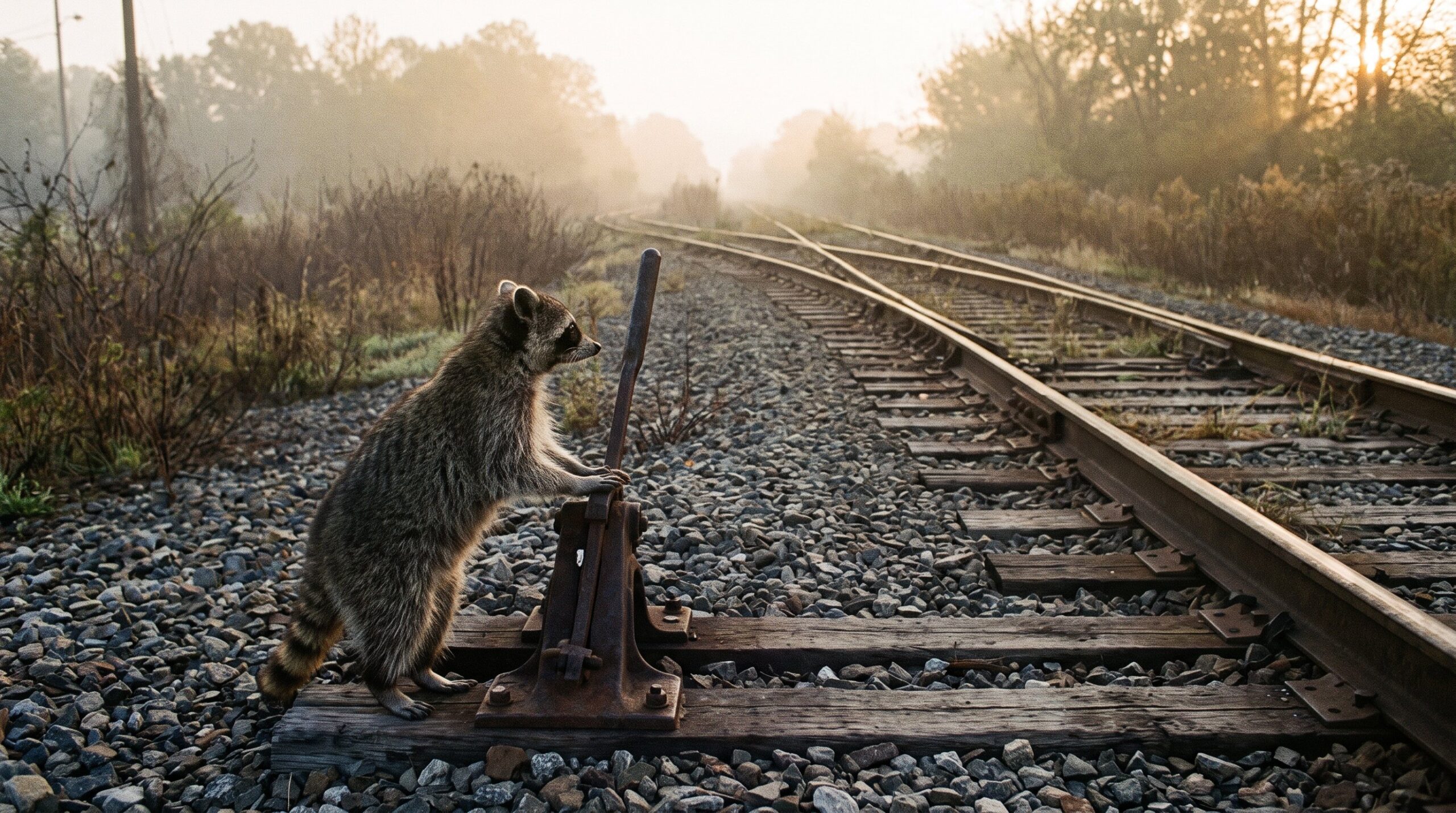 Waschbär steht an einer Weiche, wo sich zwei Gleise teilen, und blickt in beide Richtungen