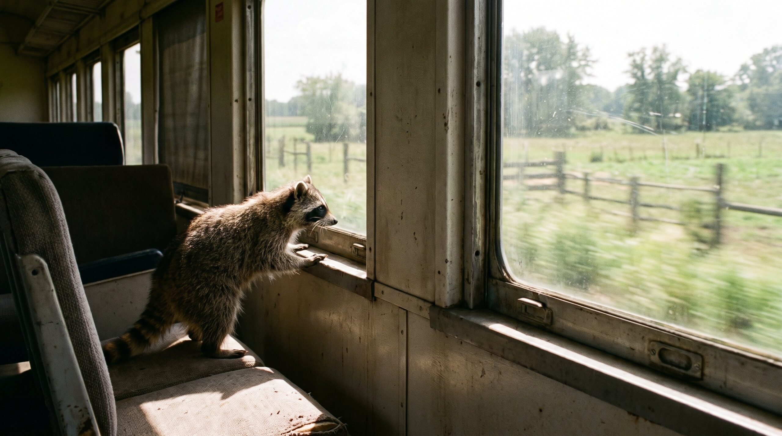 Waschbär in einem fahrenden Zug, die Landschaft draußen verschwimmt
