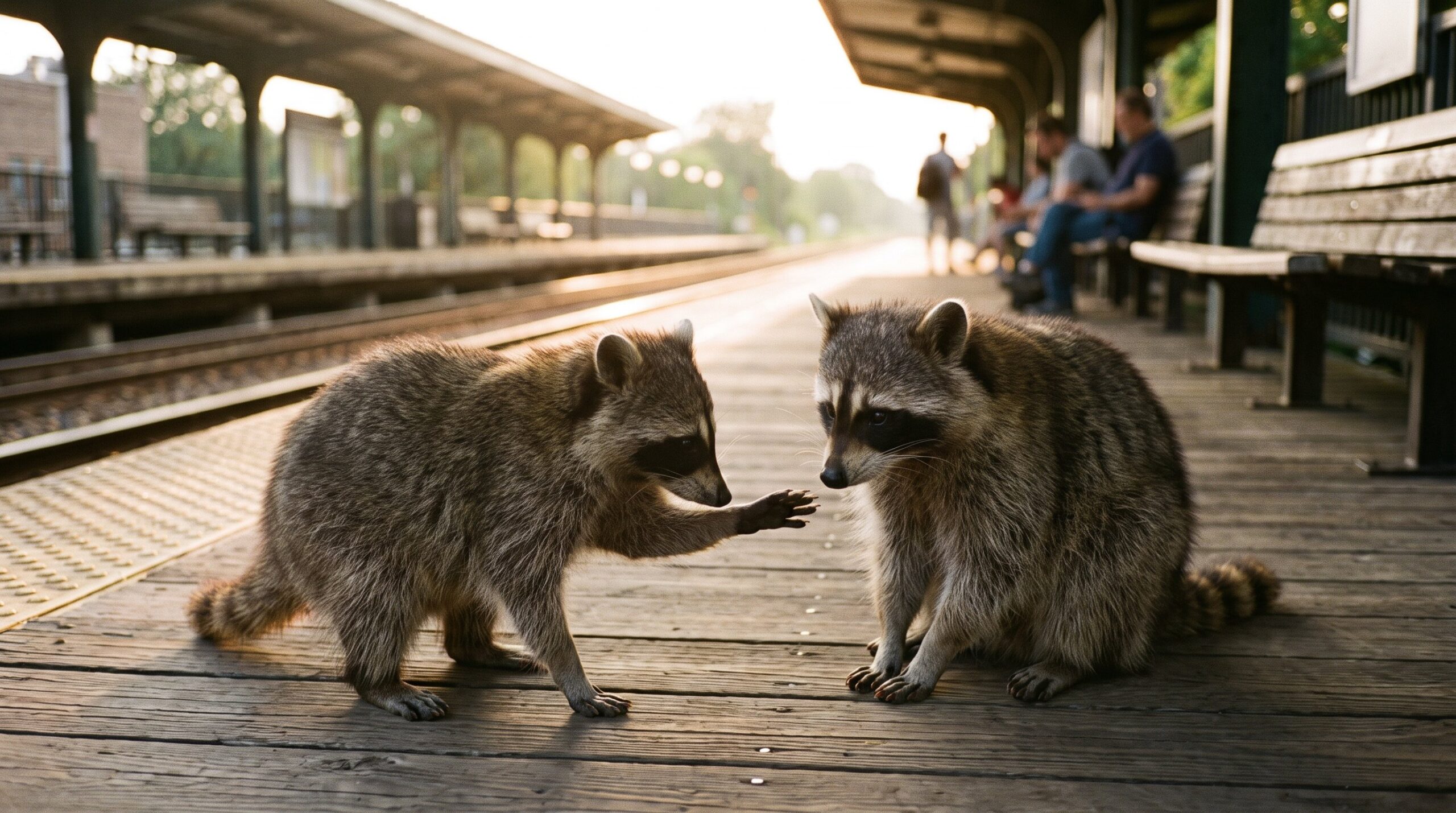 Ein Waschbär streckt einem anderen auf dem Bahnsteig die Pfote entgegen