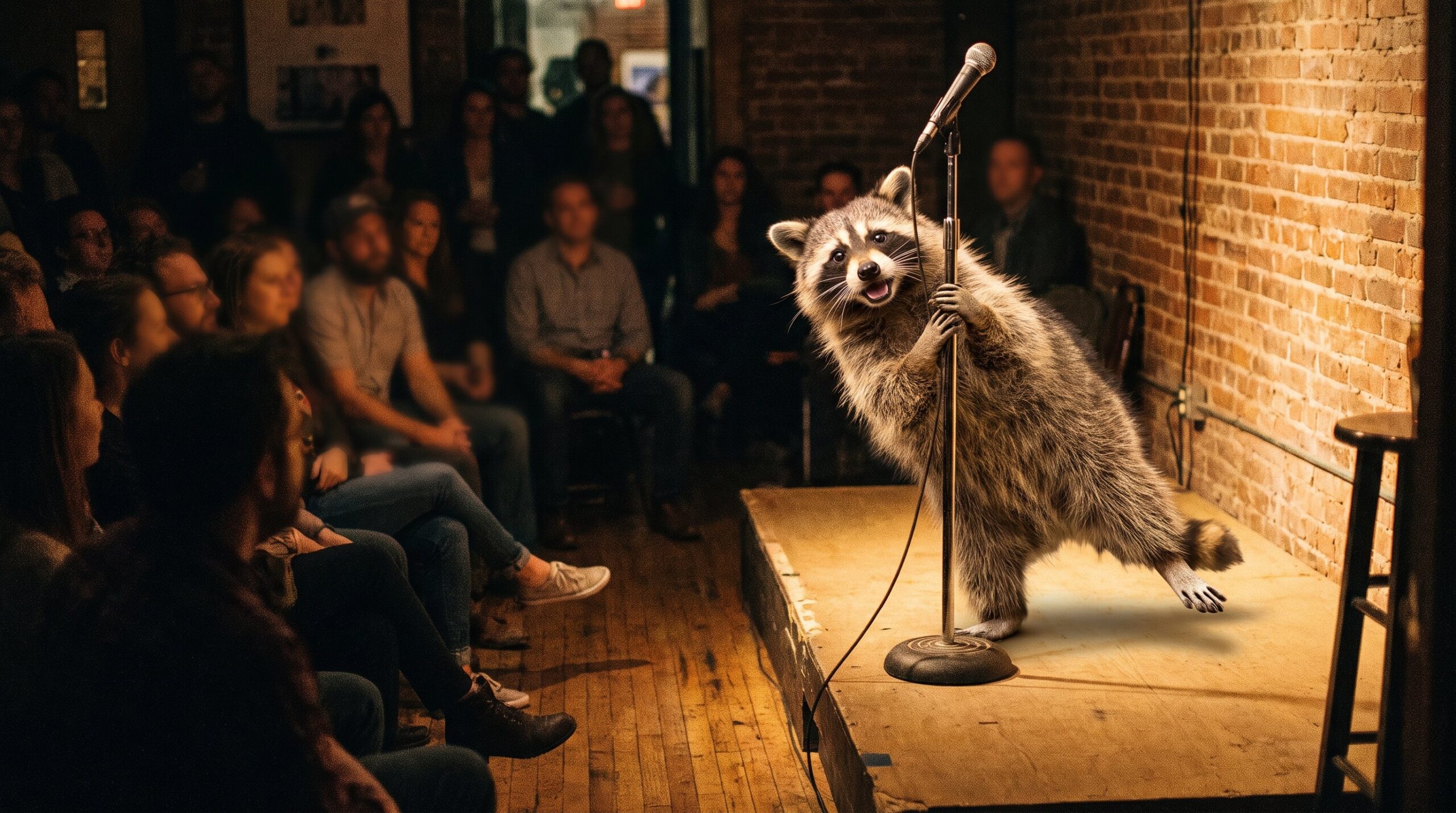 Waschbär am Mikrofon, mitten im Versprecher, charmant verlegen