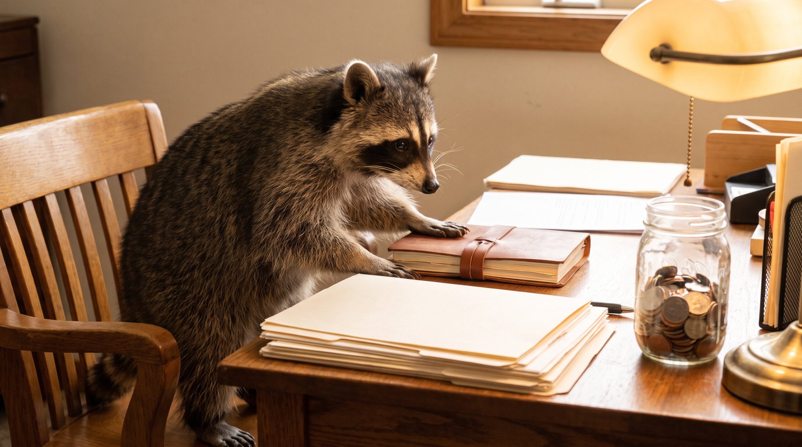 Waschbär am aufgeräumten Schreibtisch mit Papierstapel und Münzglas