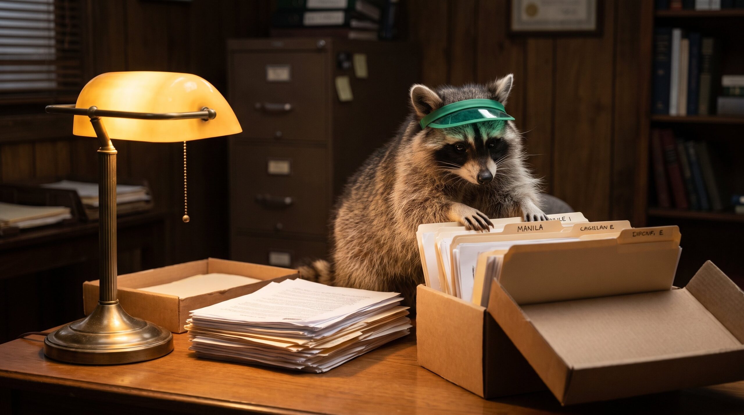 Waschbär ordnet am Schreibtisch Papiere in Ordnern