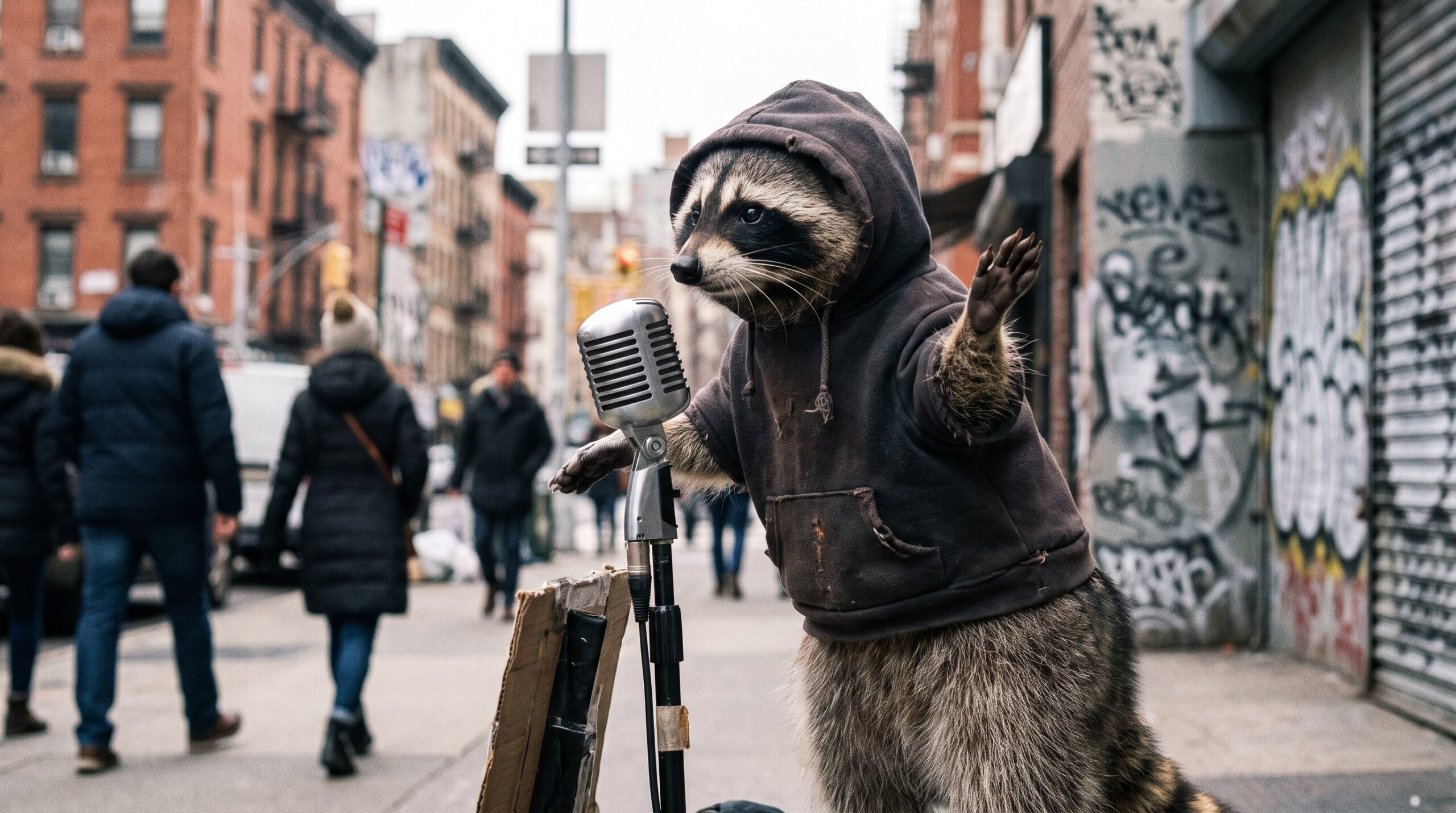 Waschbär am Mikrofon mit rhythmischer Geste, urbaner Hintergrund