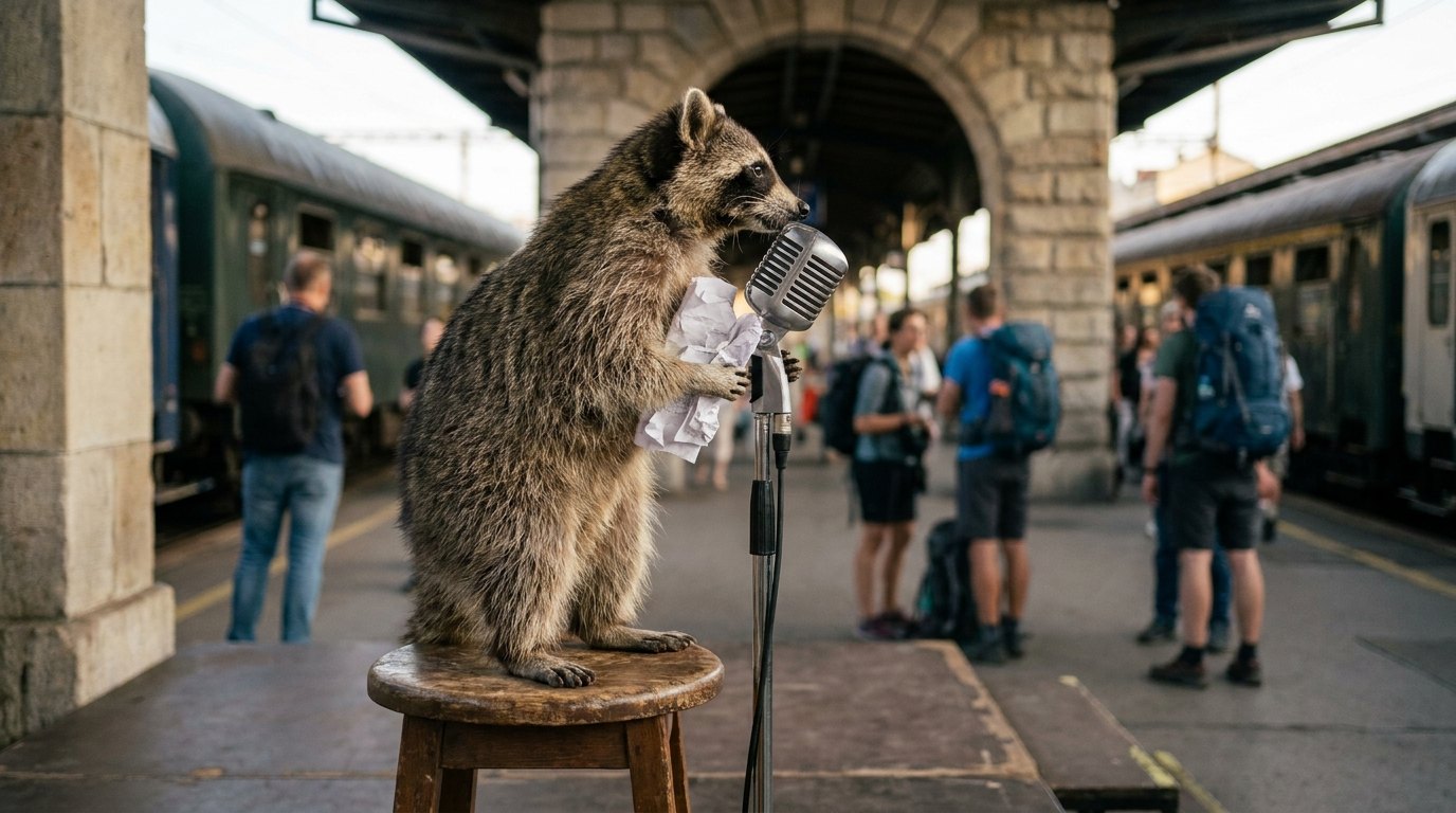 Ein Waschbär steht mit Textblättern am offenen Mikrofon wie bei einem Poetry Slam