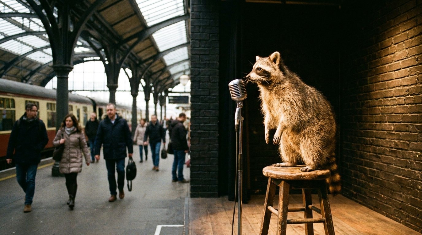 Ein Waschbär steht bei einer Stand-up-Comedy am Mikrofon vor einer Backsteinwand