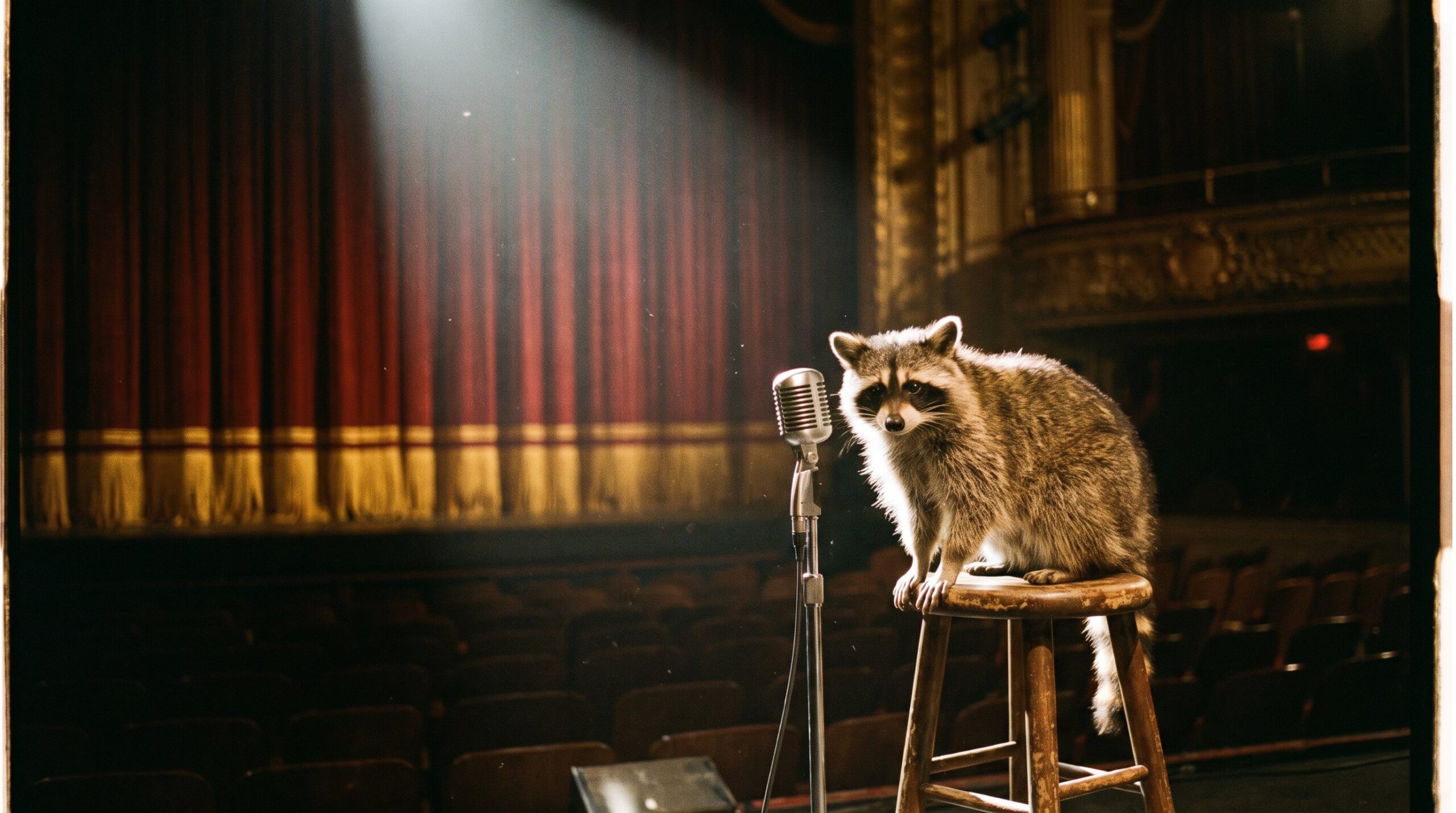 Waschbär an einem Mikrofon auf großer Theaterbühne mit rotem Vorhang