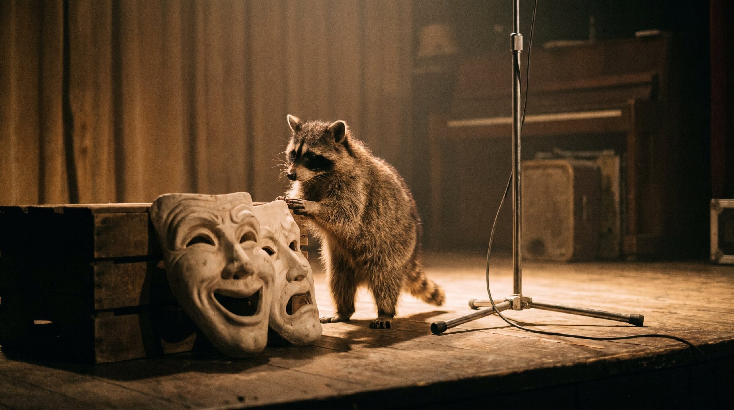 Waschbär zwischen einer Theatermaske und einem schlichten Mikrofon