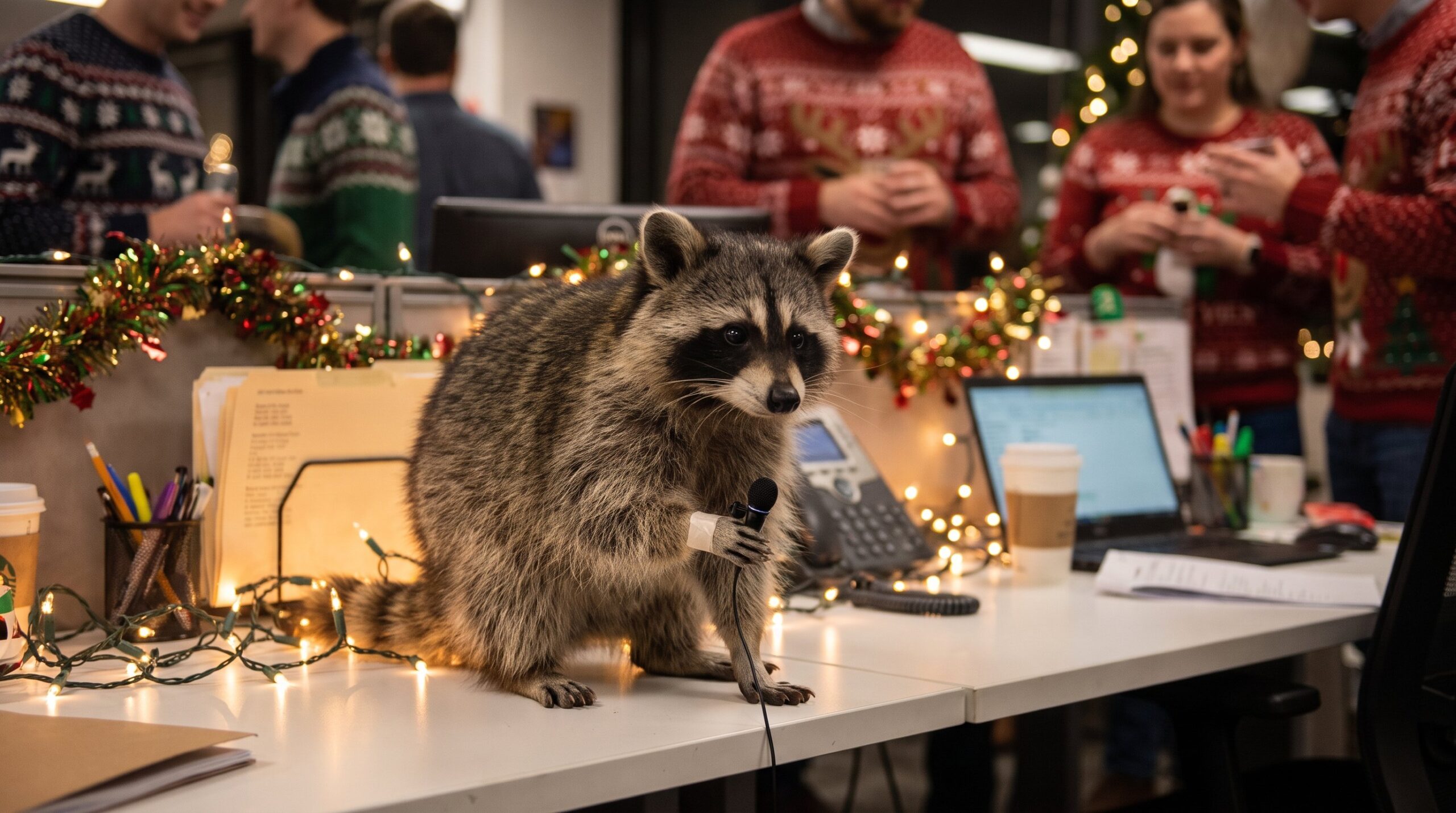 Waschbär mit Mikrofon auf einer Büro-Weihnachtsfeier mit Lichterketten