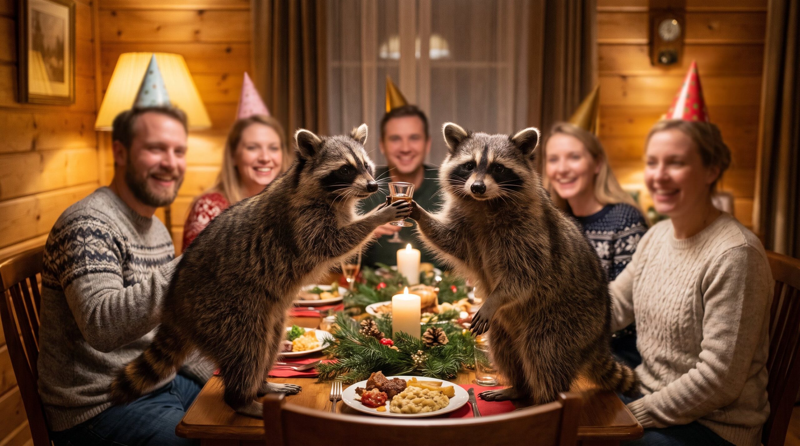 Waschbär hält einen Toast unter Kollegen an einer festlichen Tafel