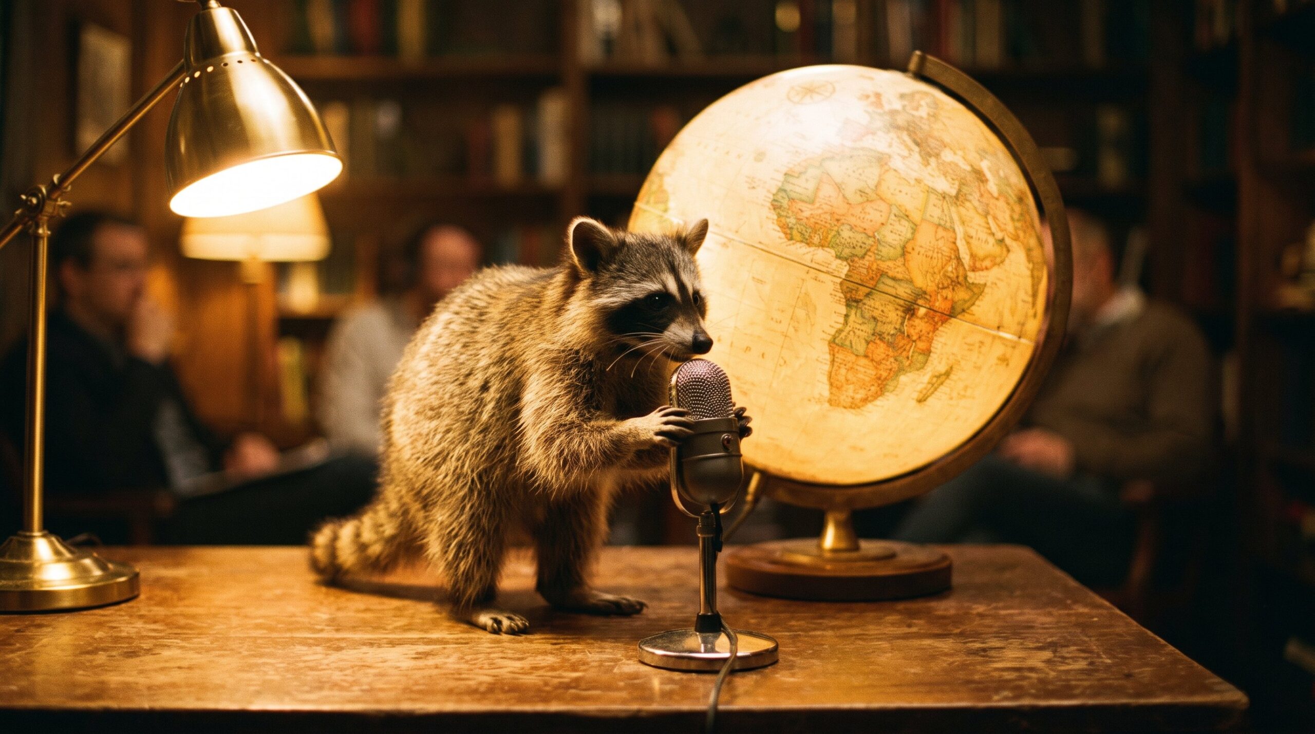 Waschbär am Mikrofon vor einem leuchtenden Globus