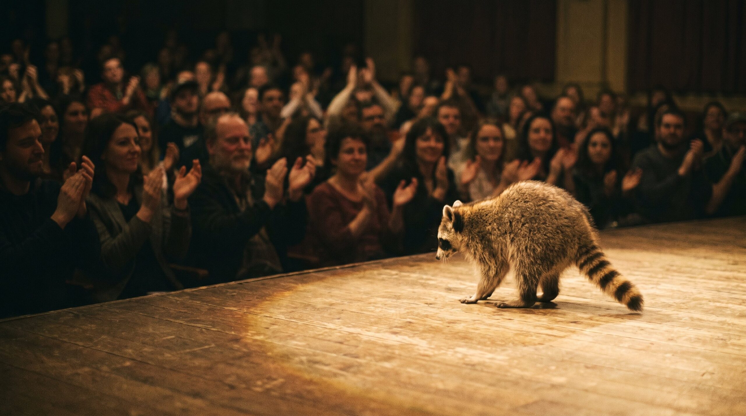 Waschbär verbeugt sich auf der Bühne, Publikum applaudiert