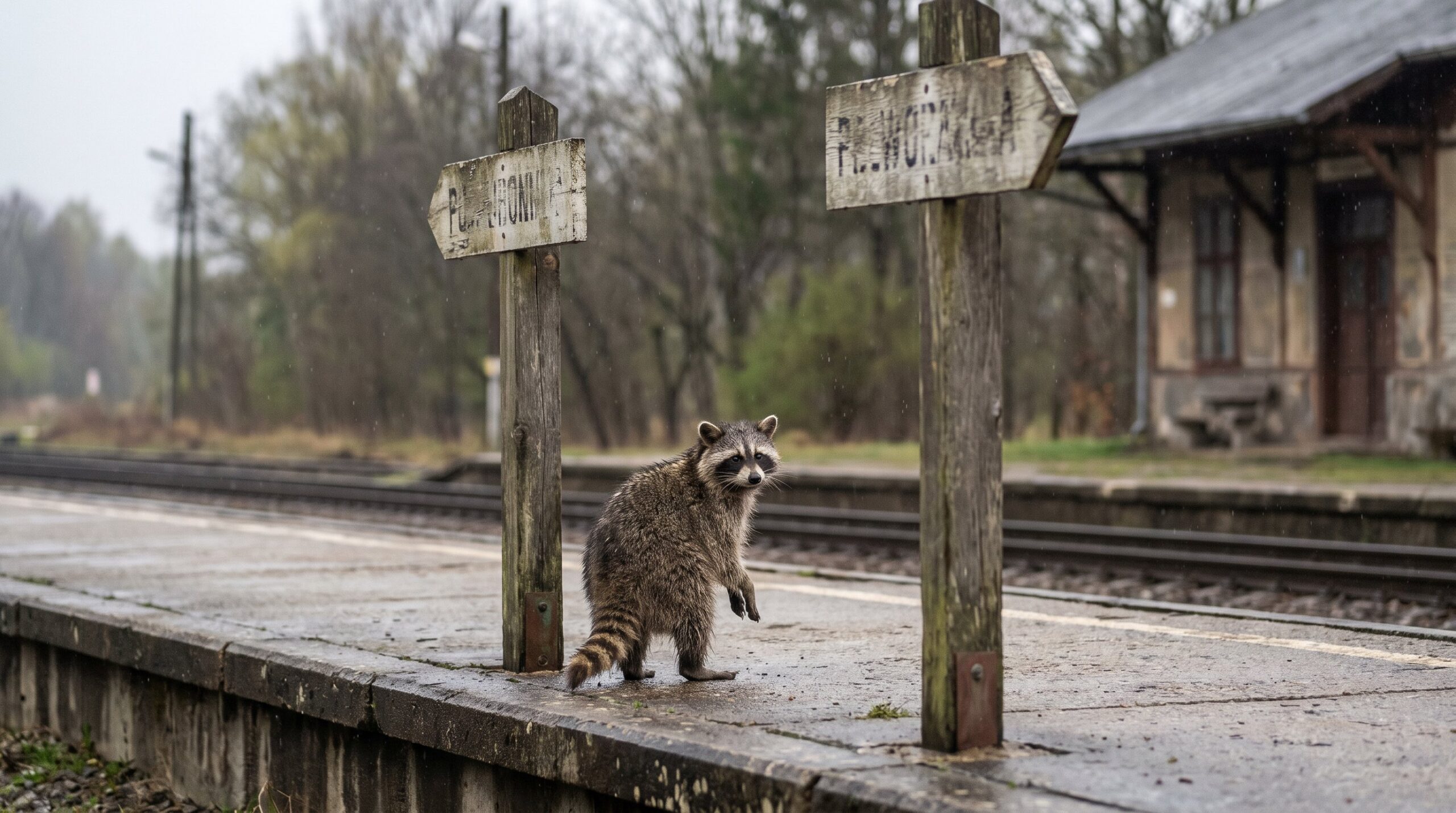 Waschbär steht auf dem Bahnsteig vor zwei Wegweisern in entgegengesetzte Richtungen
