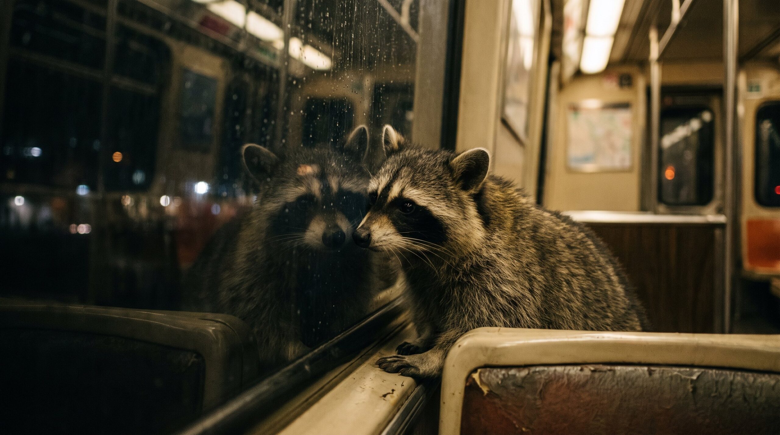 Waschbär betrachtet sein doppeltes Spiegelbild in einem dunklen Zugfenster