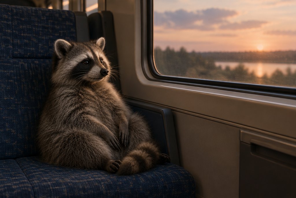 Waschbär sitzt ruhig und zufrieden im stillen Abteil