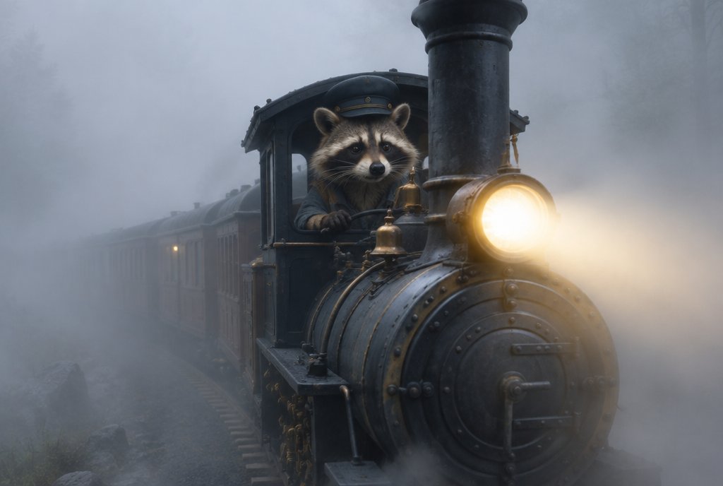 Waschbär fährt mit Licht durch den Nebel