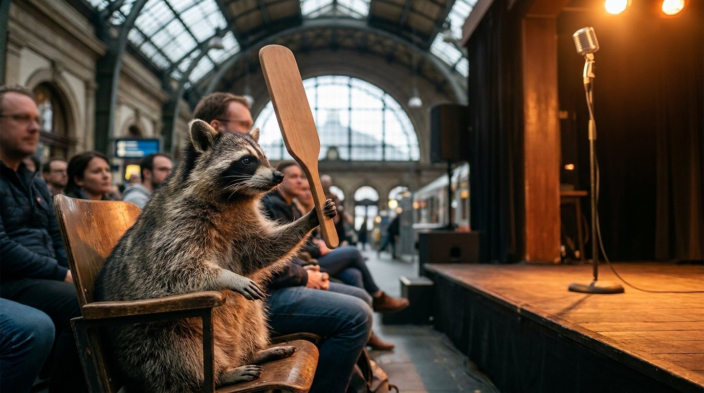 Ein Waschbär im Publikum hält als Jury eine leere Wertungskelle hoch
