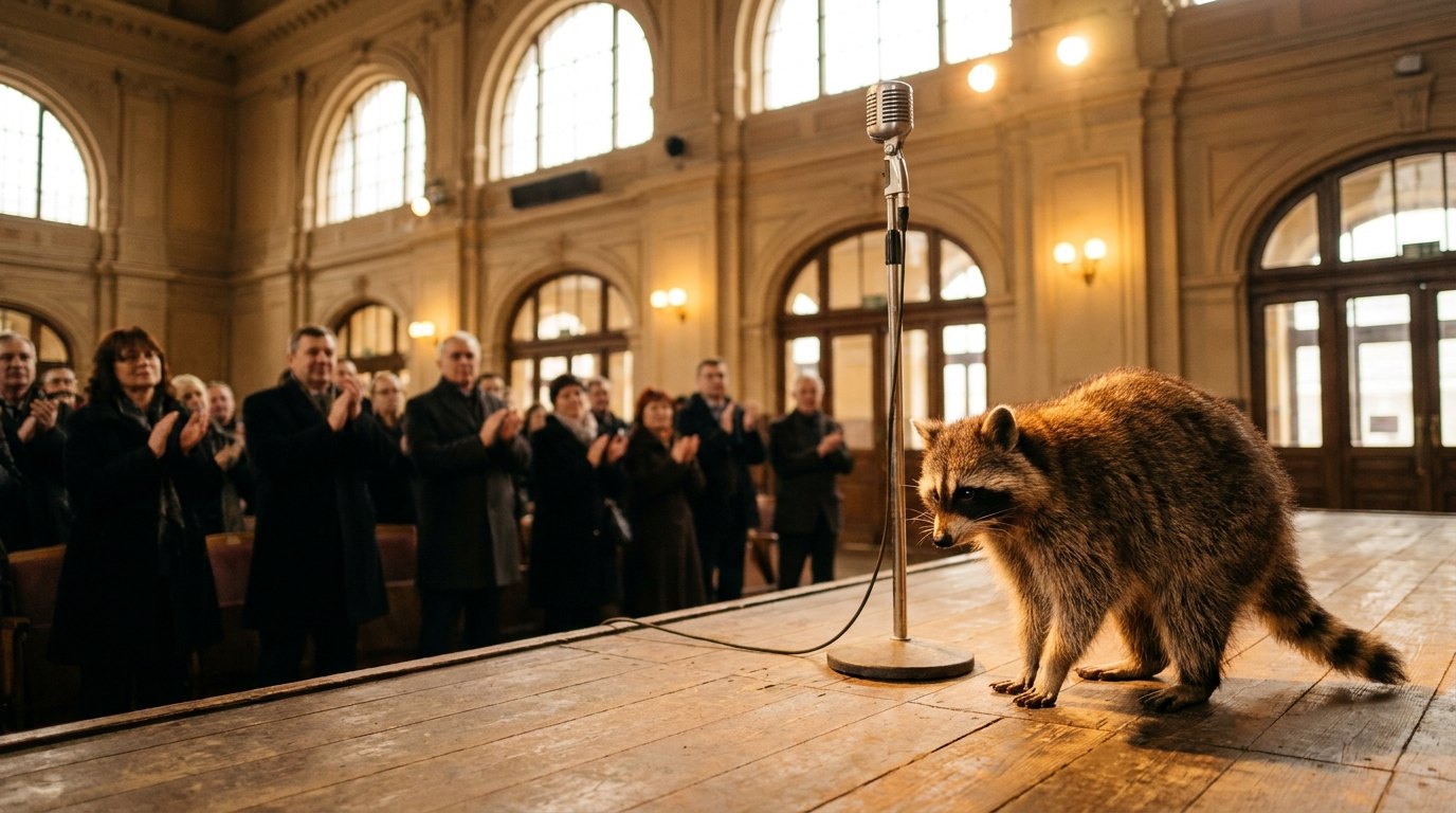 Ein Waschbär verbeugt sich auf der Bühne vor einem applaudierenden Publikum in einer Bahnhofshalle