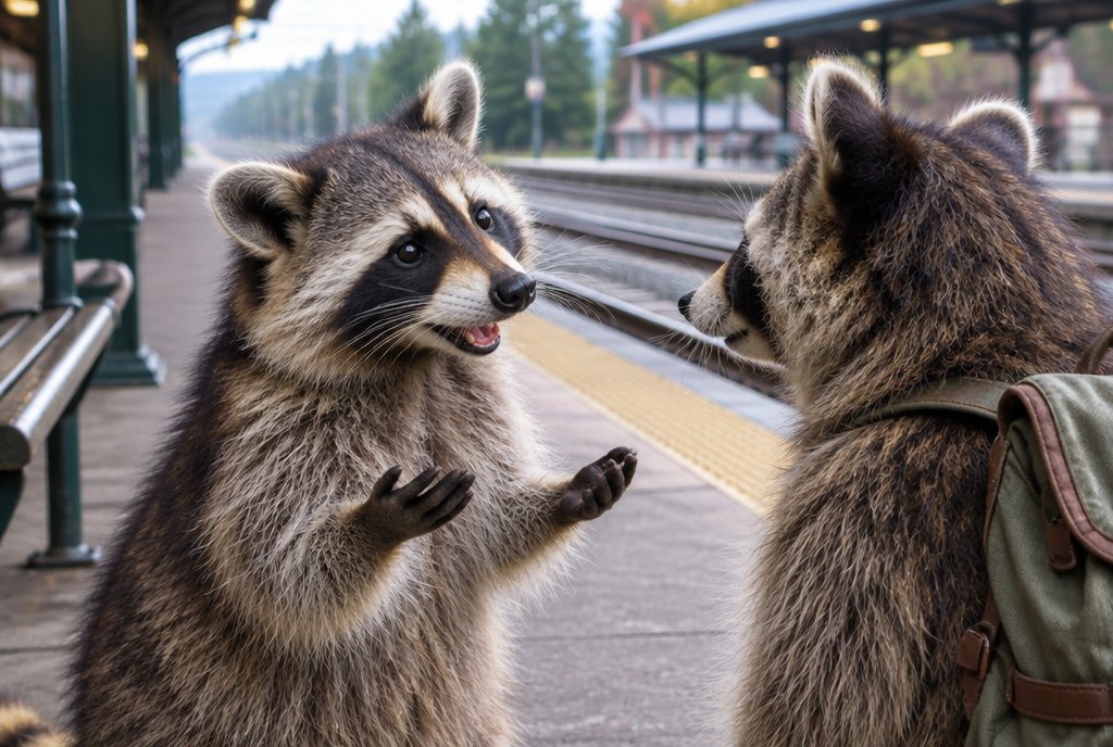 Waschbär kommt mit einem Fremden ins Gespräch