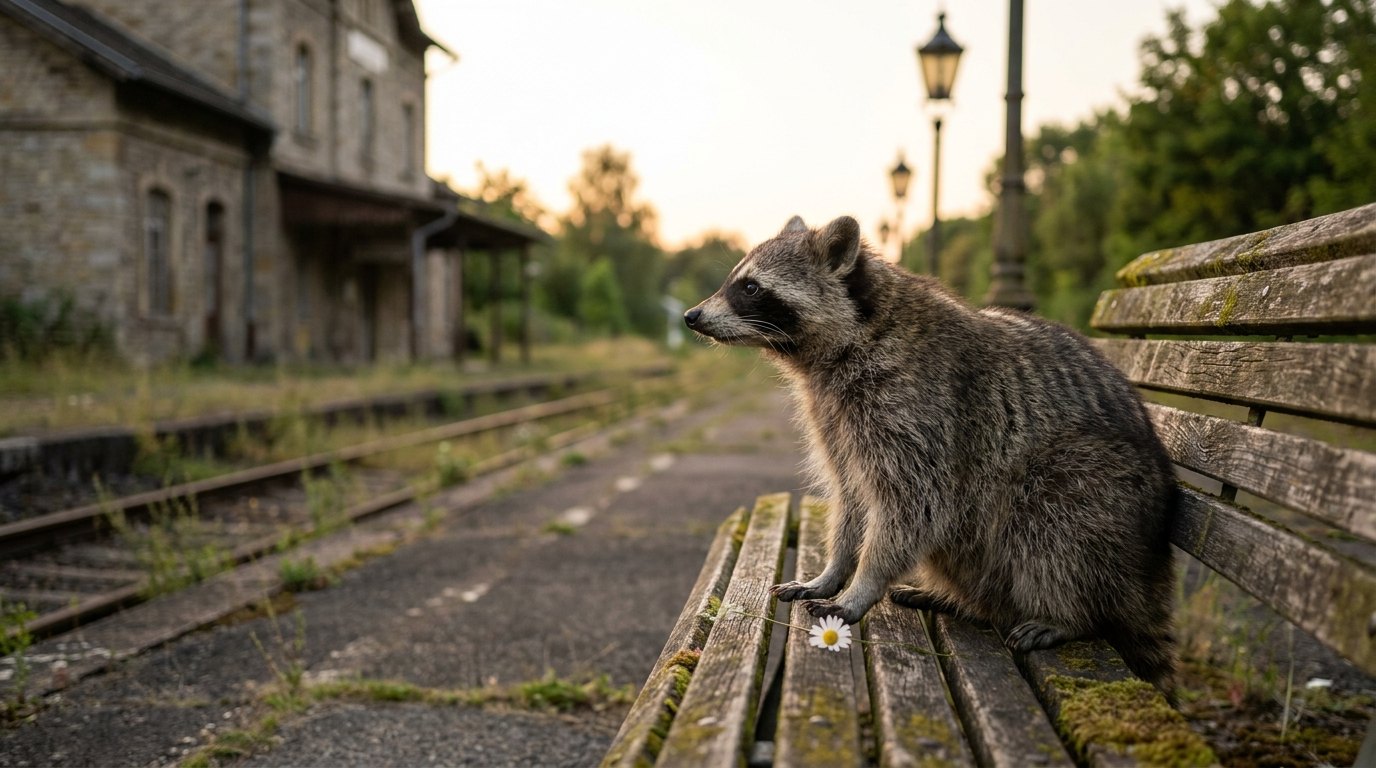 Ein Waschbär sitzt still auf einer Holzbank an einem leeren Bahnsteig in der Abenddämmerung