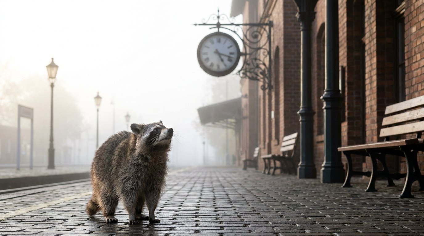 Ein Waschbär blickt auf einem stillen Bahnsteig im Morgennebel zu einer alten Bahnhofsuhr hinauf