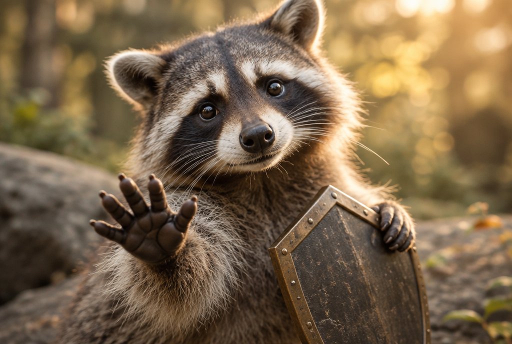 Waschbär zeigt offene Pfote und senkt den Schild
