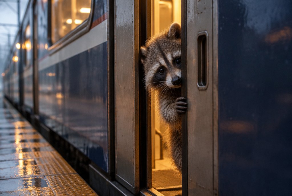 Waschbär öffnet die Zugtür einen Spalt