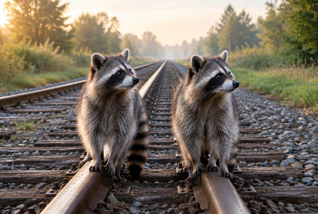 Zwei Waschbären auf parallelen Gleisen