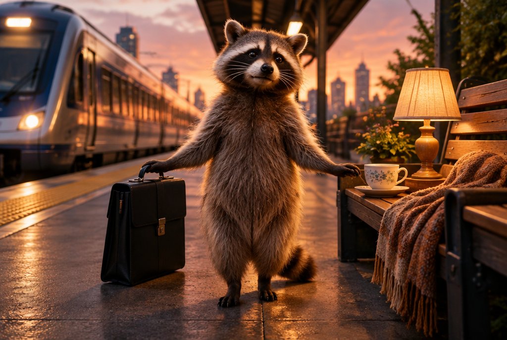 Waschbär balanciert zwischen Arbeit und Ruhe am Bahnsteig