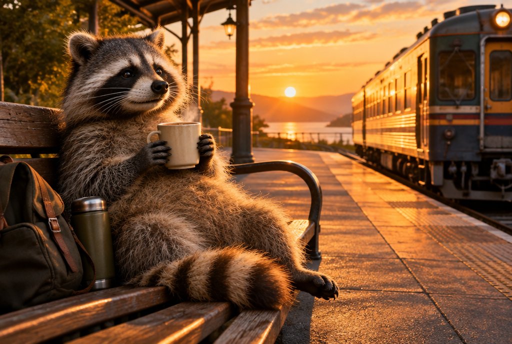 Waschbär ruht auf einer Bahnhofsbank im Abendlicht