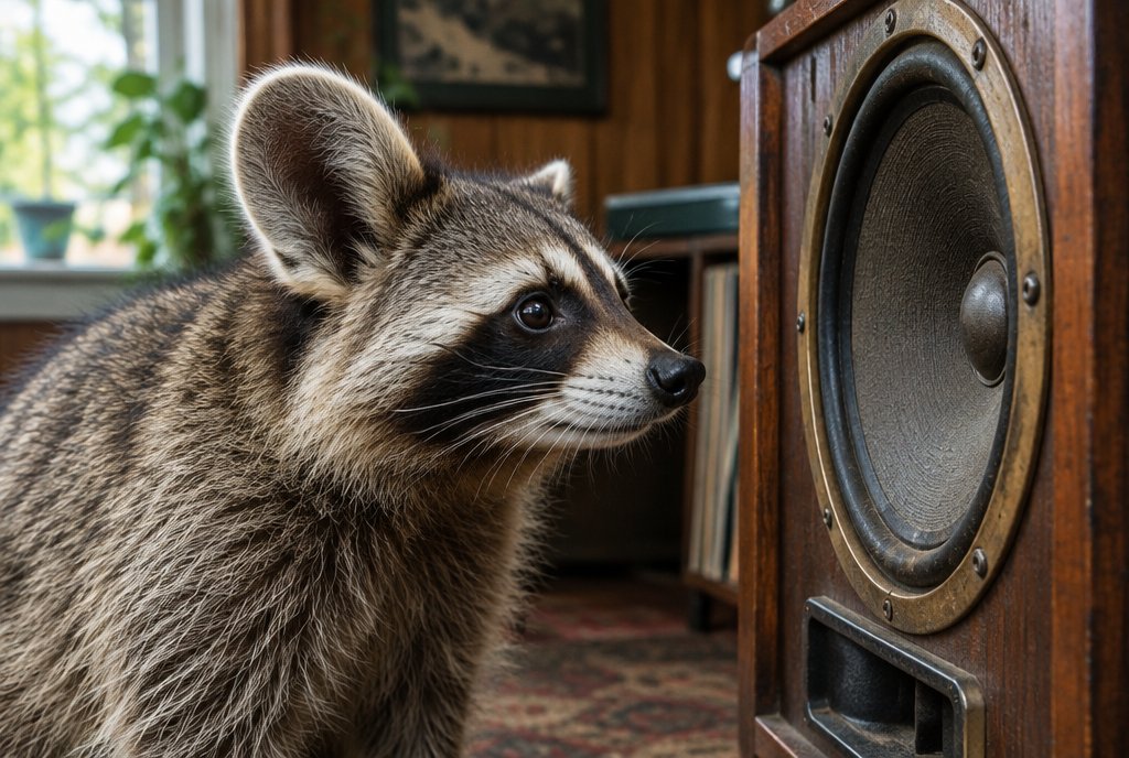 Waschbär mit aufmerksamem Ohr am Bahnhofslautsprecher