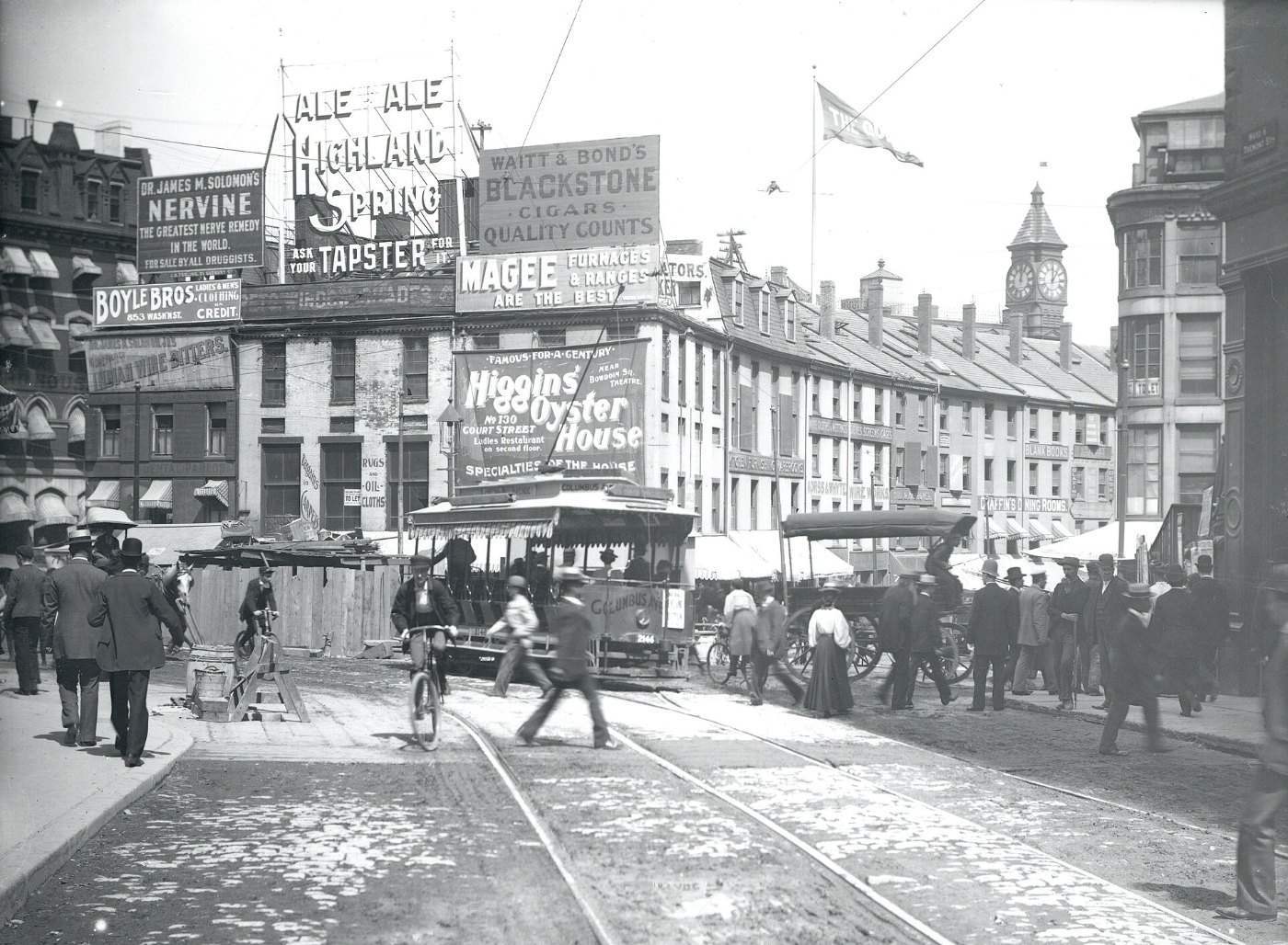 Looking northeast from Tremont Street into Scollay Square, August 1897
