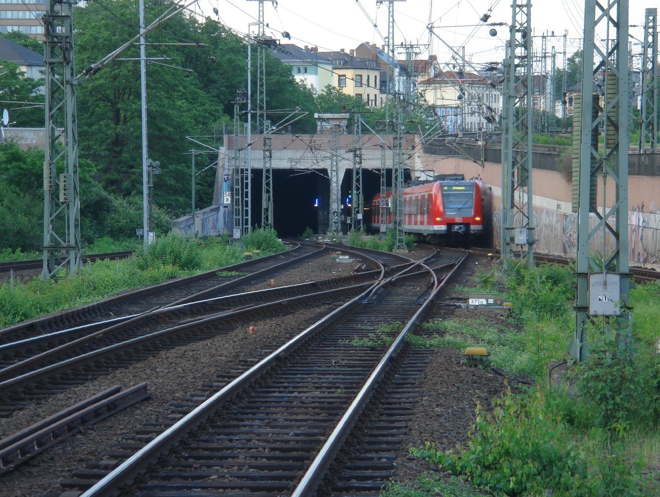 Eine S-Bahn an einer unterirdischen Station in Frankfurt
