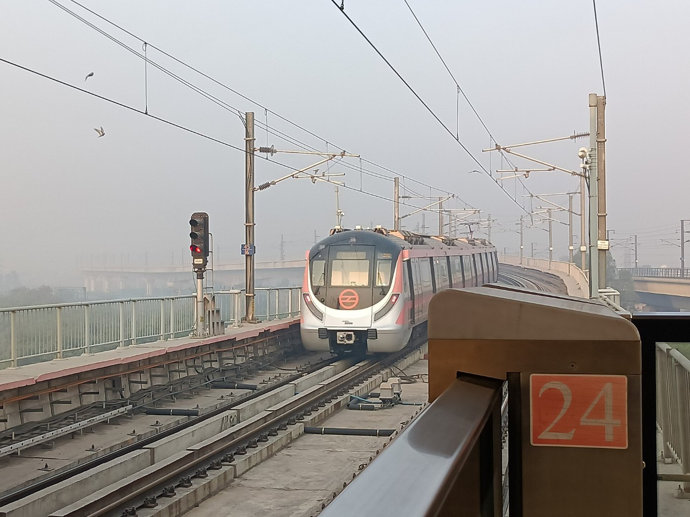 The rear of a Hyundai Rotem coach of Delhi Metro's Pink Line at Anand Vi