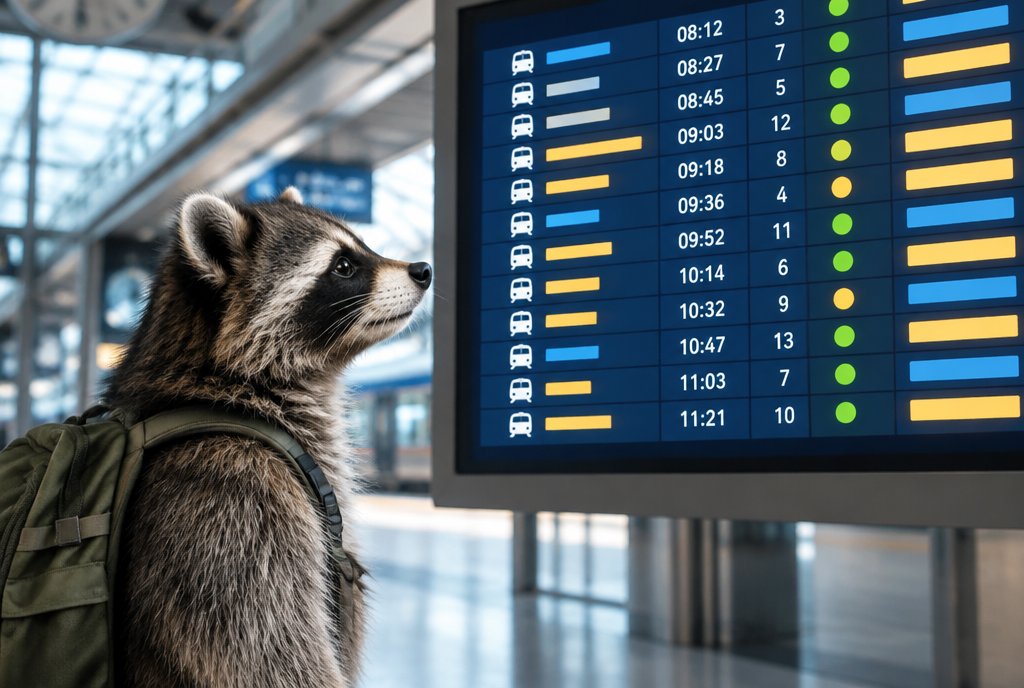 Waschbär blickt zufrieden auf einen übersichtlichen Tagesplan