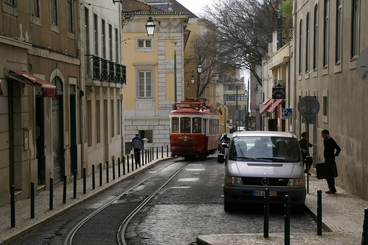 Tram on Rua Paiva de Andrade, Lisbon Portugal 2008