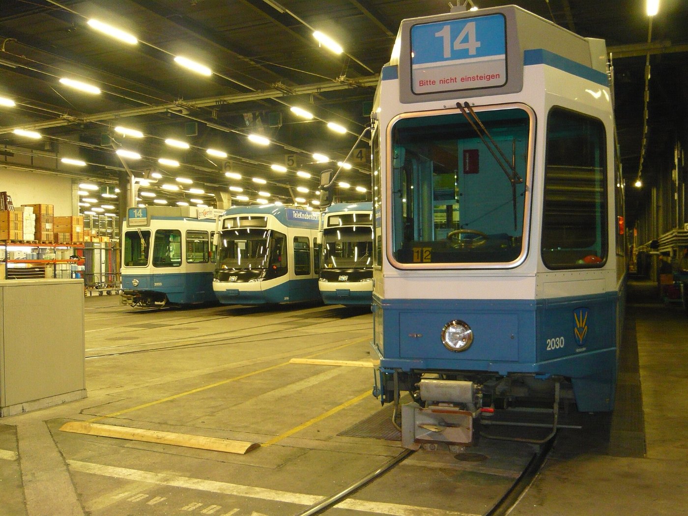 Tram 2000s and Bombardier Cobras in Kalkbreite tram depot, Zürich, Augus