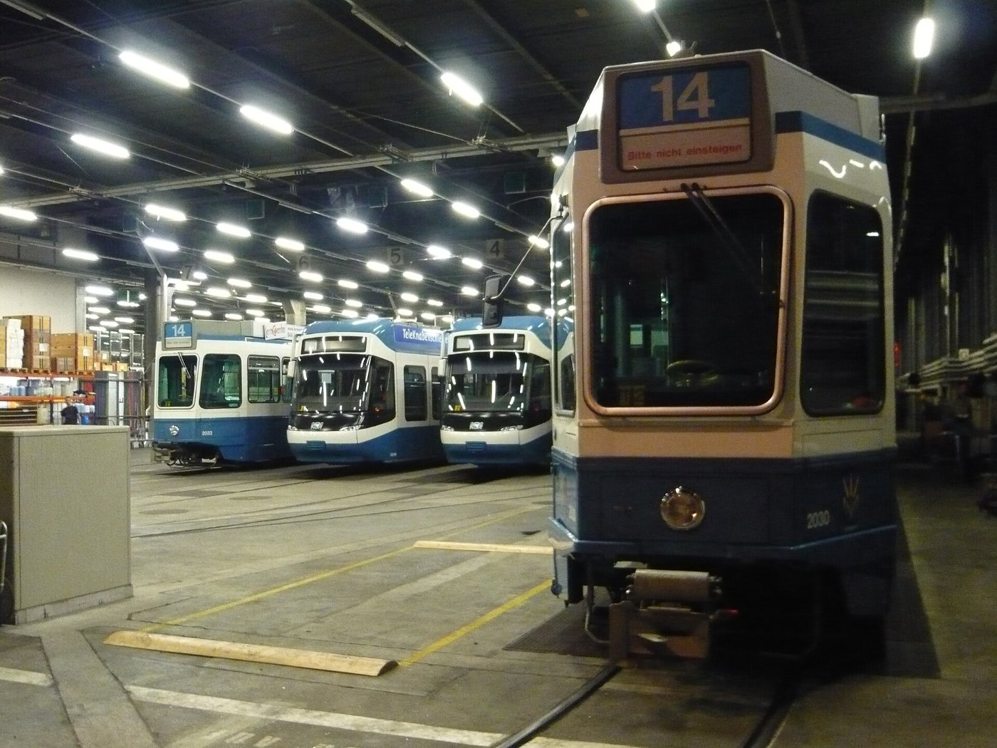 Tram 2000s and Bombardier Cobras in Kalkbreite tram depot, Zürich, Augus